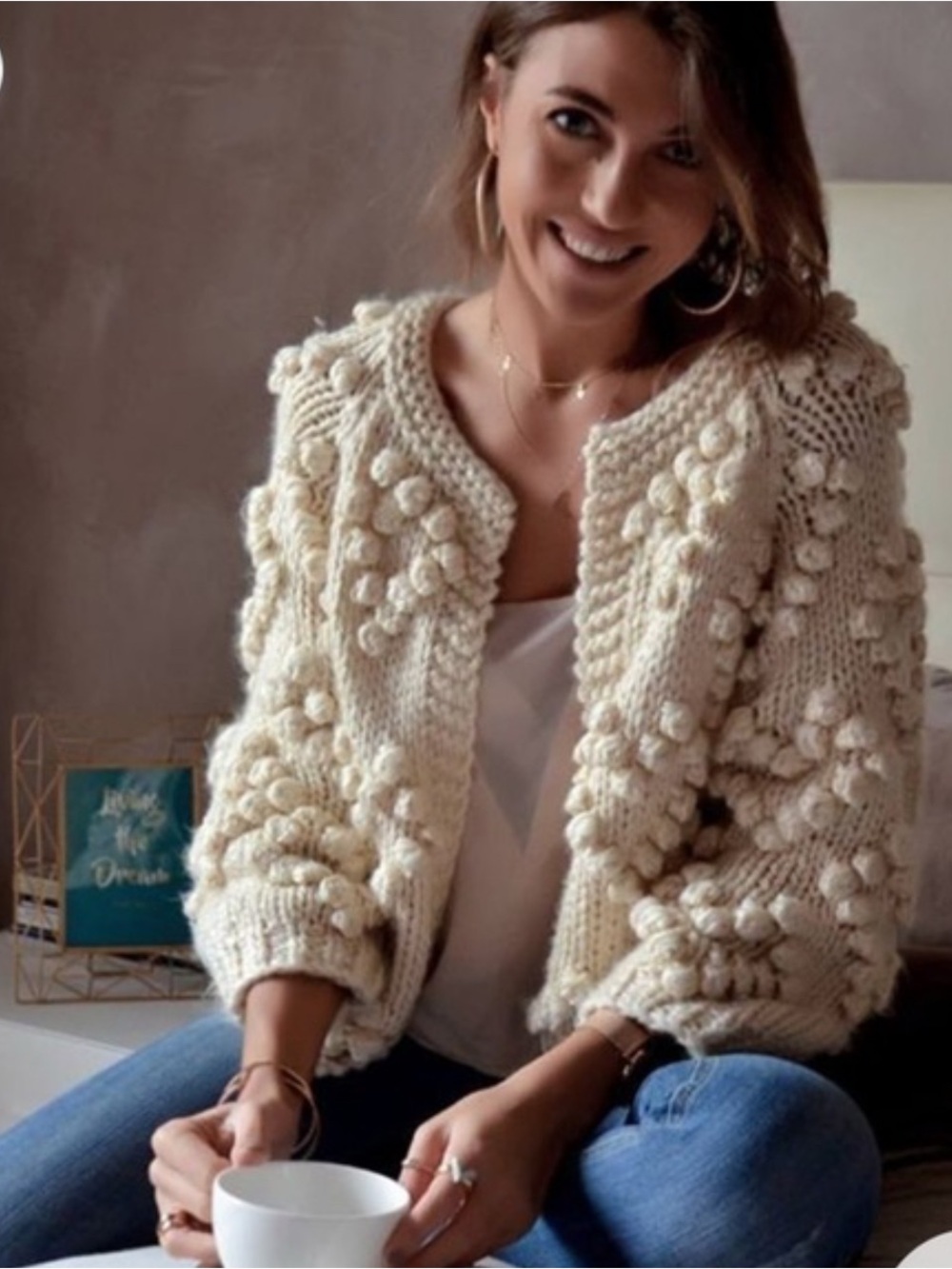 Chicwish Cream Pom-Pom heart Chunky Knit wool Cardigan